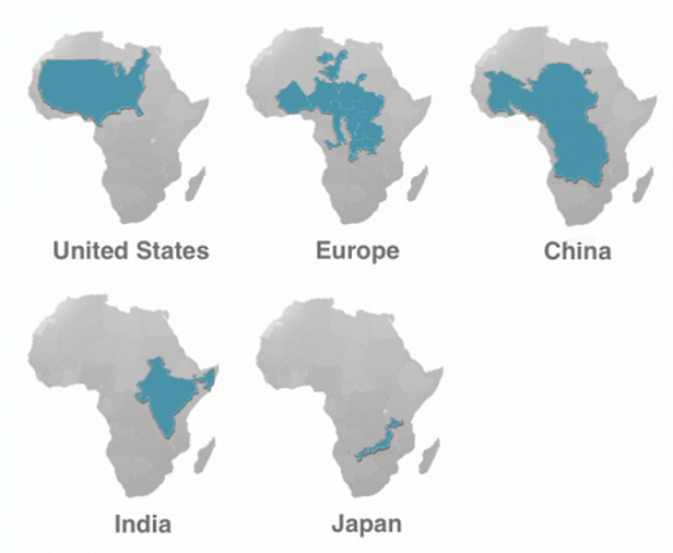 Porovnanie rôznych území s africkým kontinentom