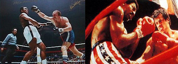 Vľavo súboj Wepnera s Alim. Vpravo sfilmovaný príbeh vo filme Rocky